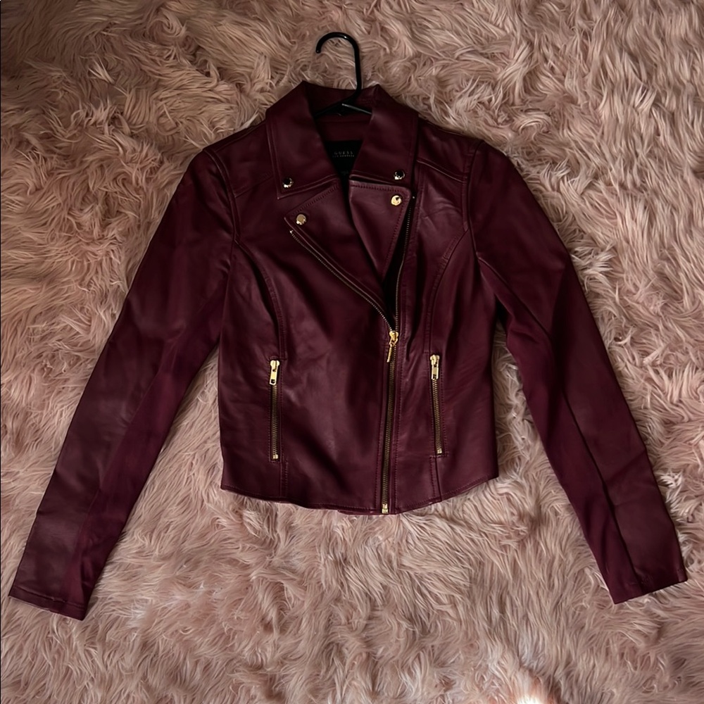 Guess Red Leather Moto Jacket Asymmetrical Design
